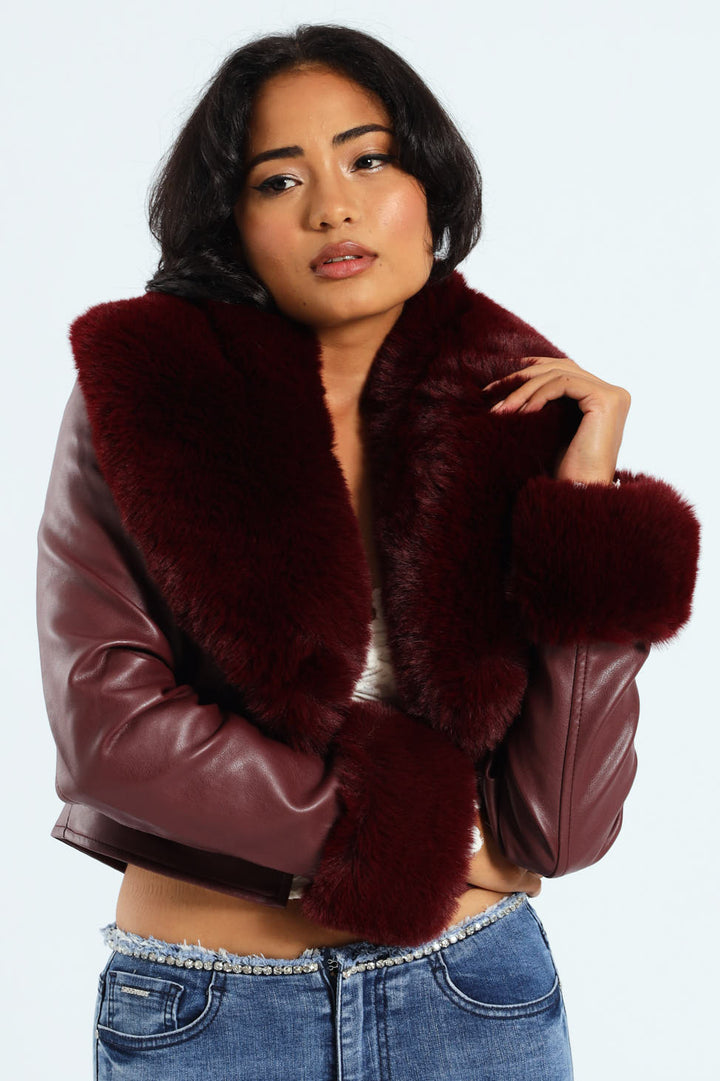 Vikki Faux Leather With Faux Fur Collar Jacket - Burgundy