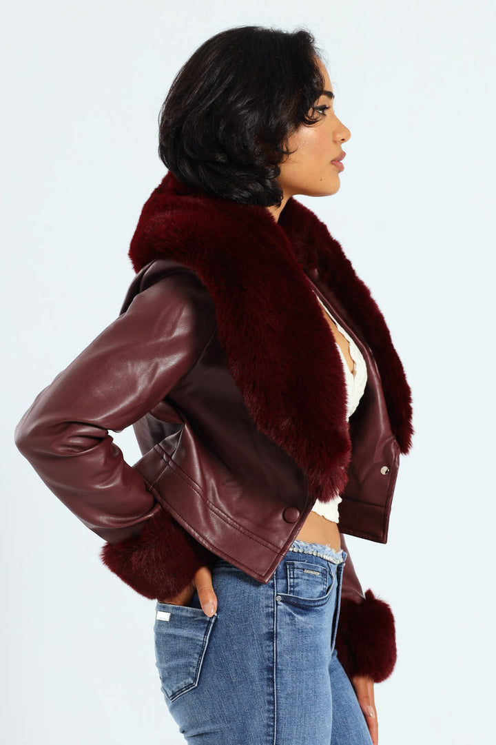 Vikki Faux Leather With Faux Fur Collar Jacket - Burgundy
