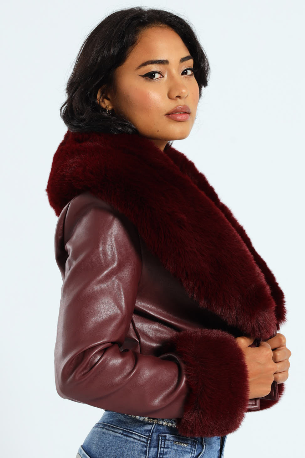 Vikki Faux Leather With Faux Fur Collar Jacket - Burgundy