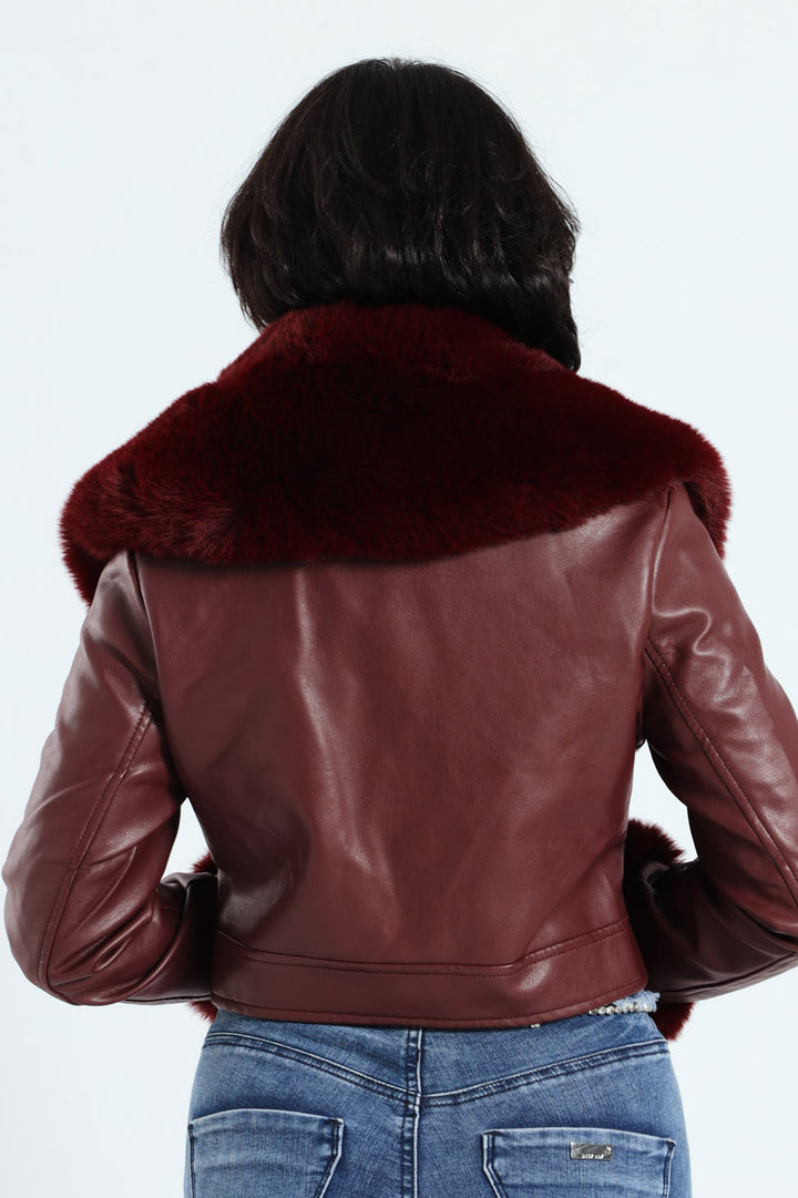 Vikki Faux Leather With Faux Fur Collar Jacket - Burgundy