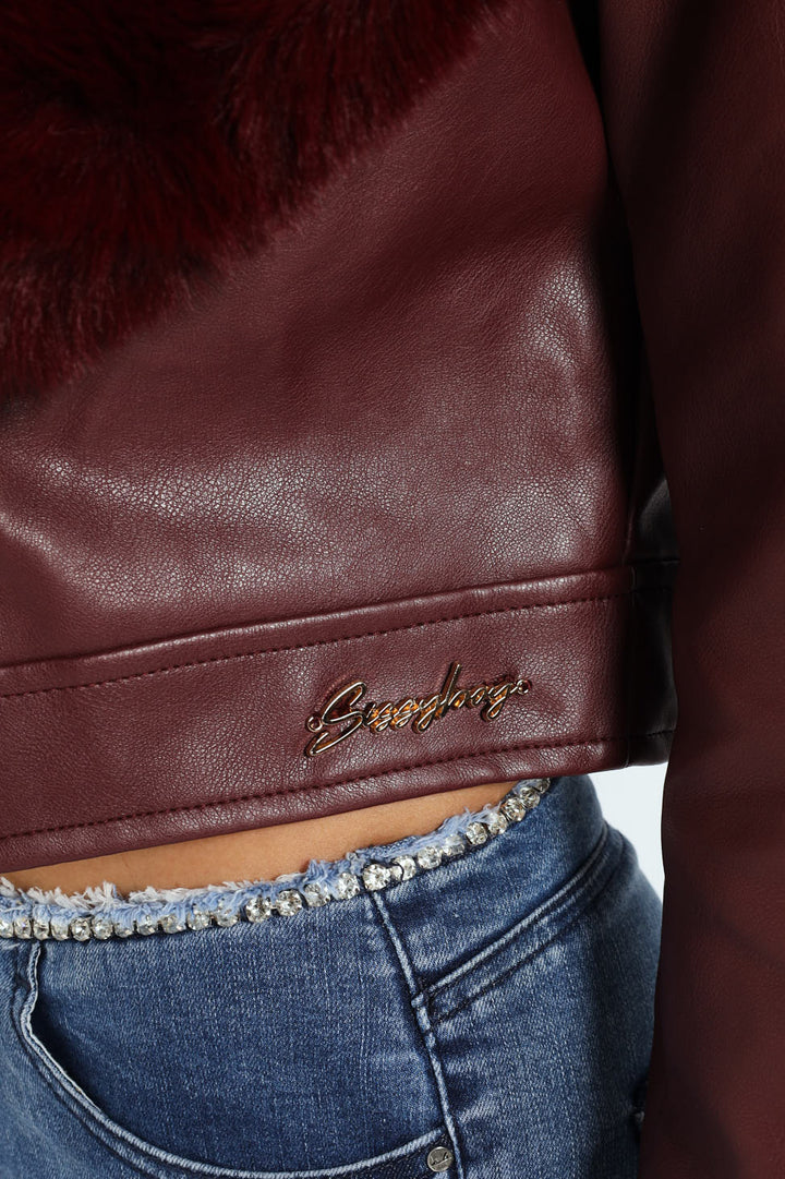 Vikki Faux Leather With Faux Fur Collar Jacket - Burgundy