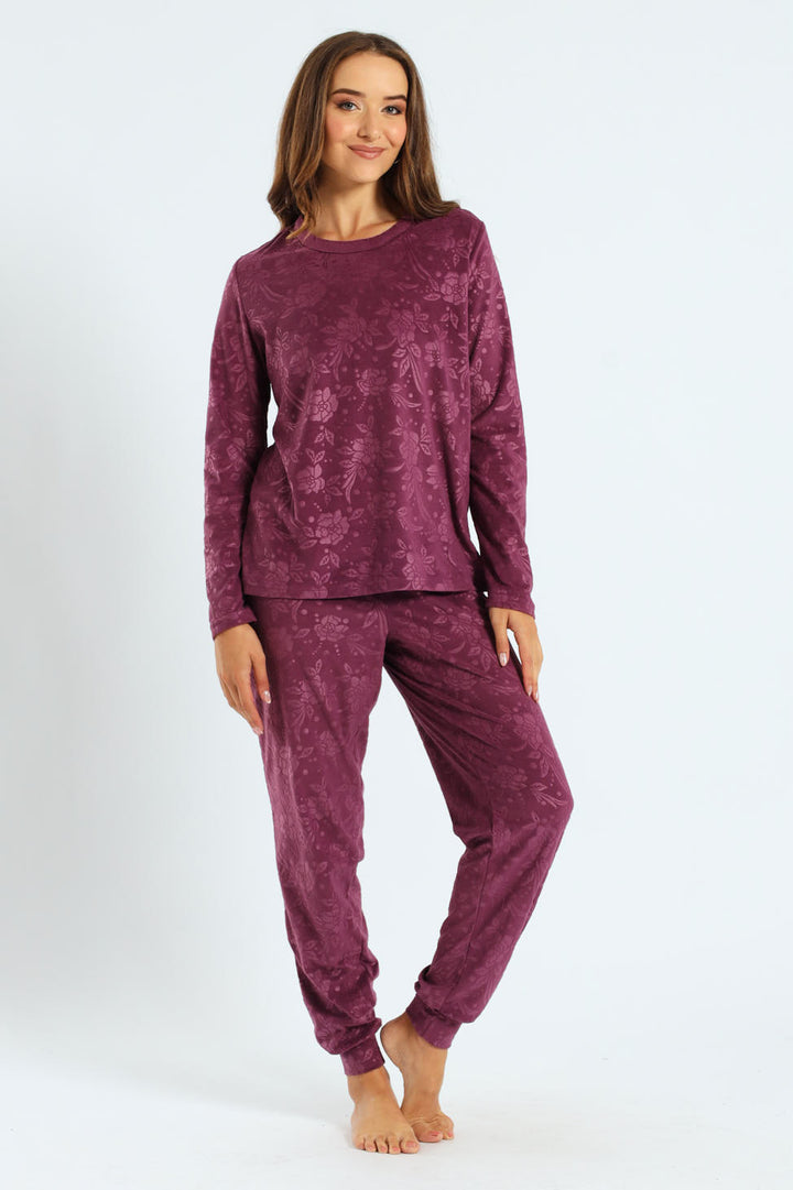 Long Sleeve Embossed Detail Velour Top & Pant Set