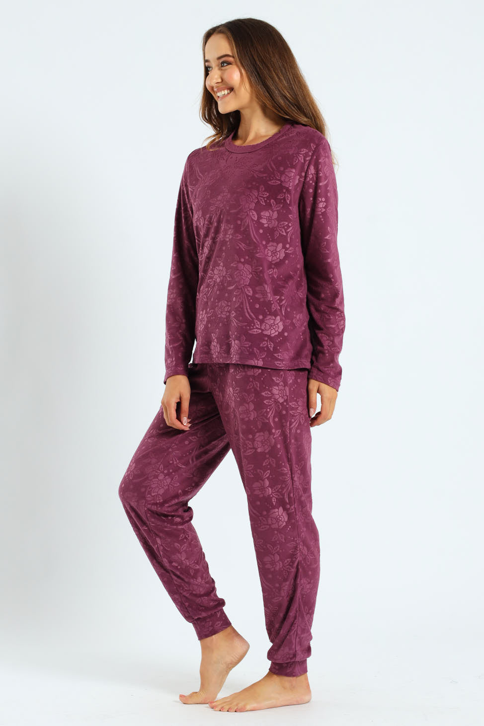 Long Sleeve Embossed Detail Velour Top & Pant Set