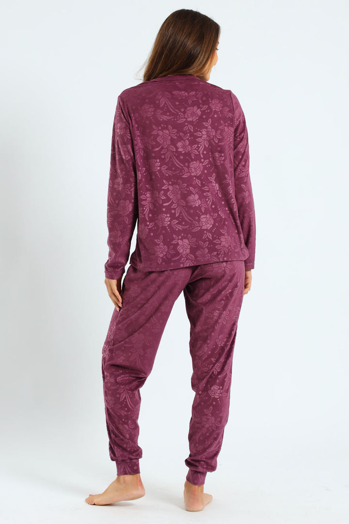 Long Sleeve Embossed Detail Velour Top & Pant Set