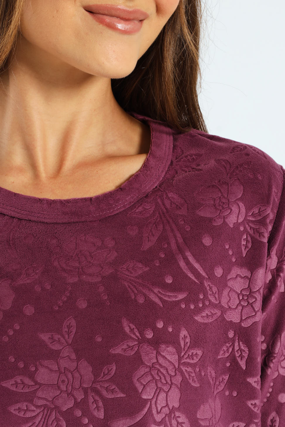 Long Sleeve Embossed Detail Velour Top & Pant Set