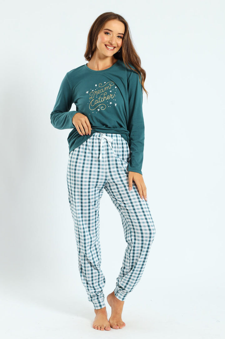 Gingham Knit Jogger - Teal