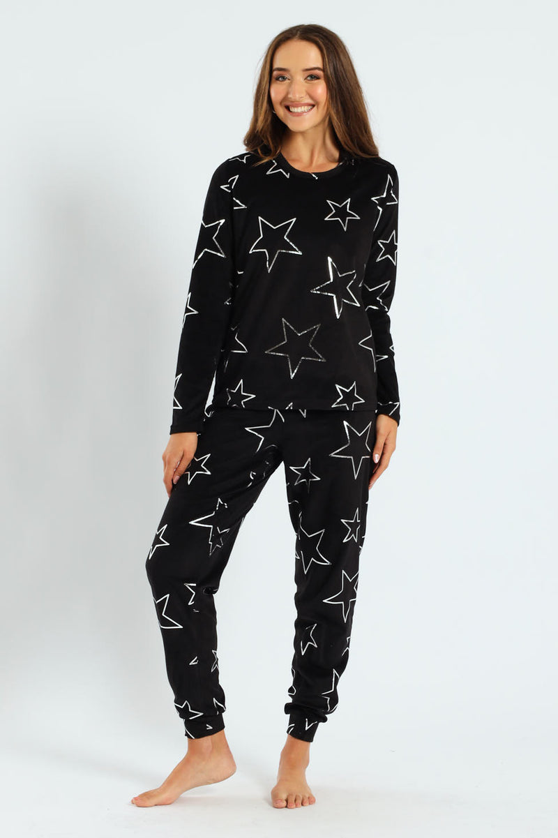 Foil Stars Long Sleeve Top & Pant Set - Black