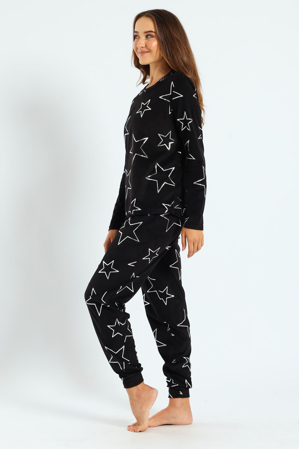Foil Stars Long Sleeve Top & Pant Set - Black