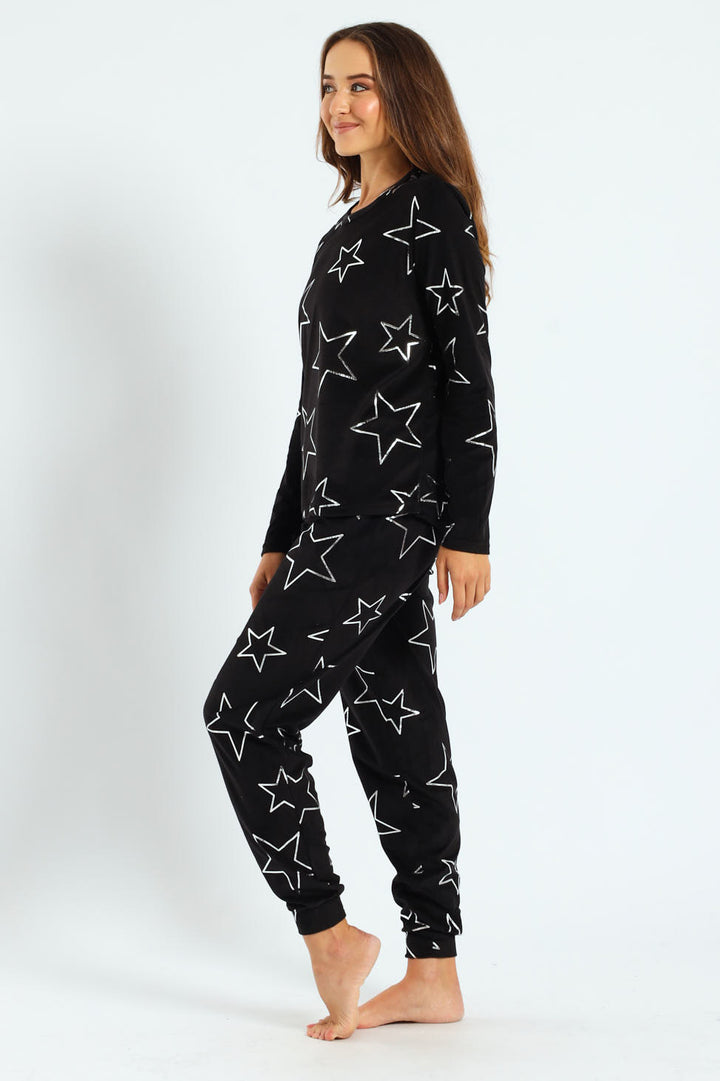 Foil Stars Long Sleeve Top & Pant Set - Black