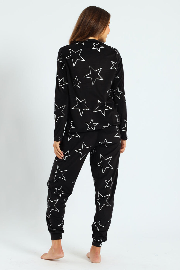 Foil Stars Long Sleeve Top & Pant Set - Black