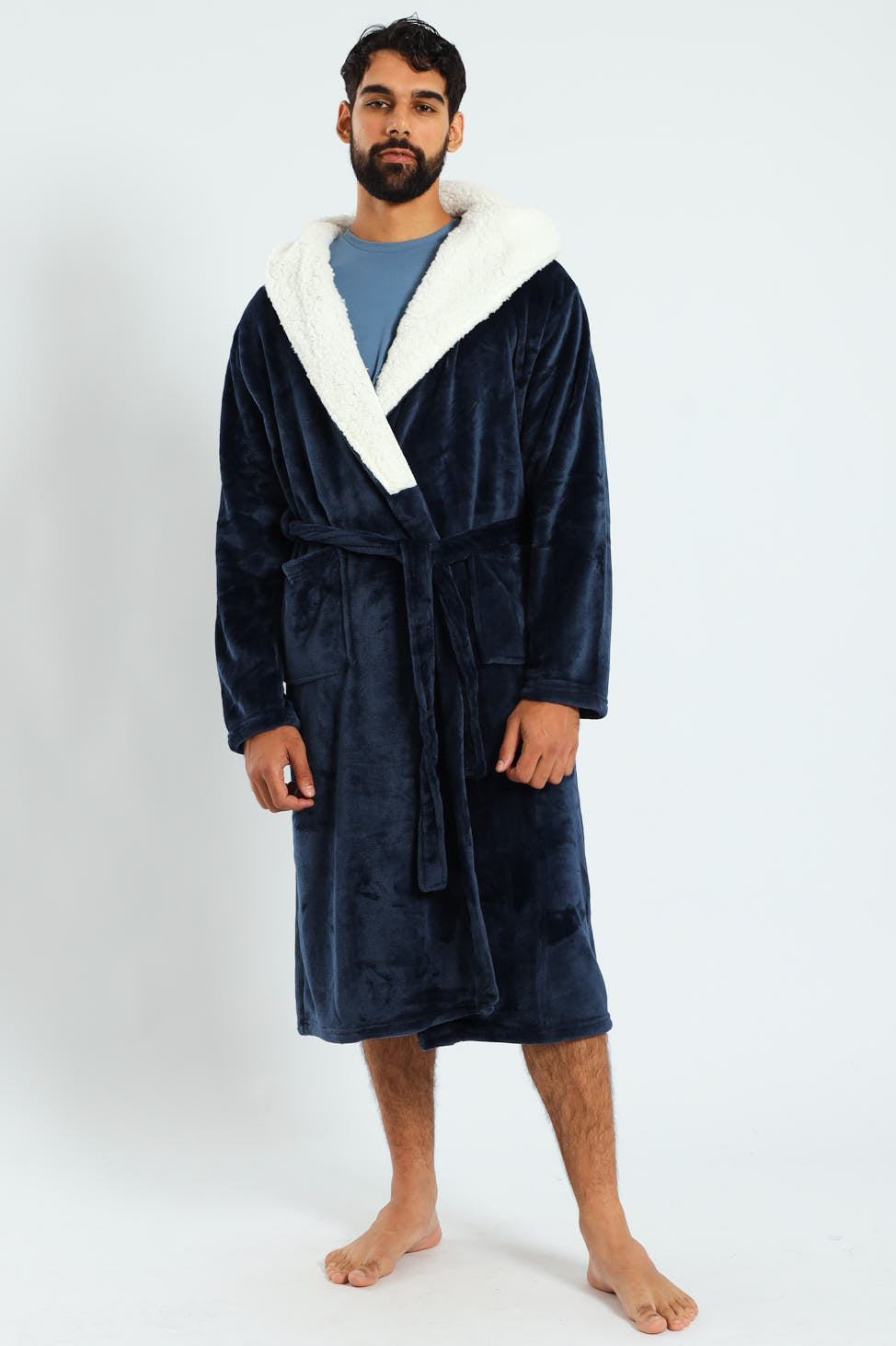 Coral Fleece & Sherpa Hooded Gown - Navy