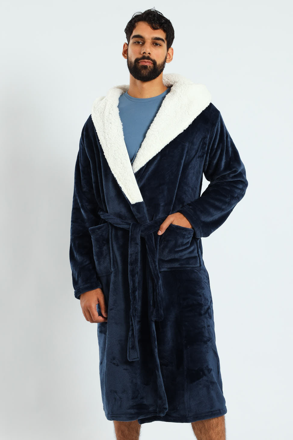 Coral Fleece & Sherpa Hooded Gown - Navy
