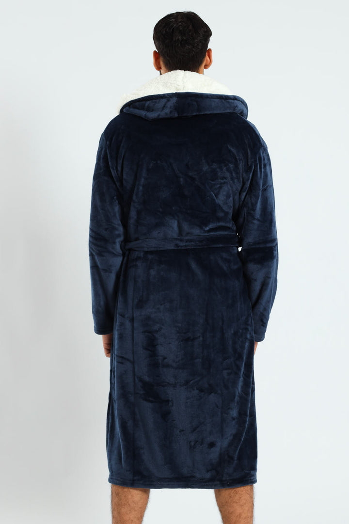 Coral Fleece & Sherpa Hooded Gown - Navy