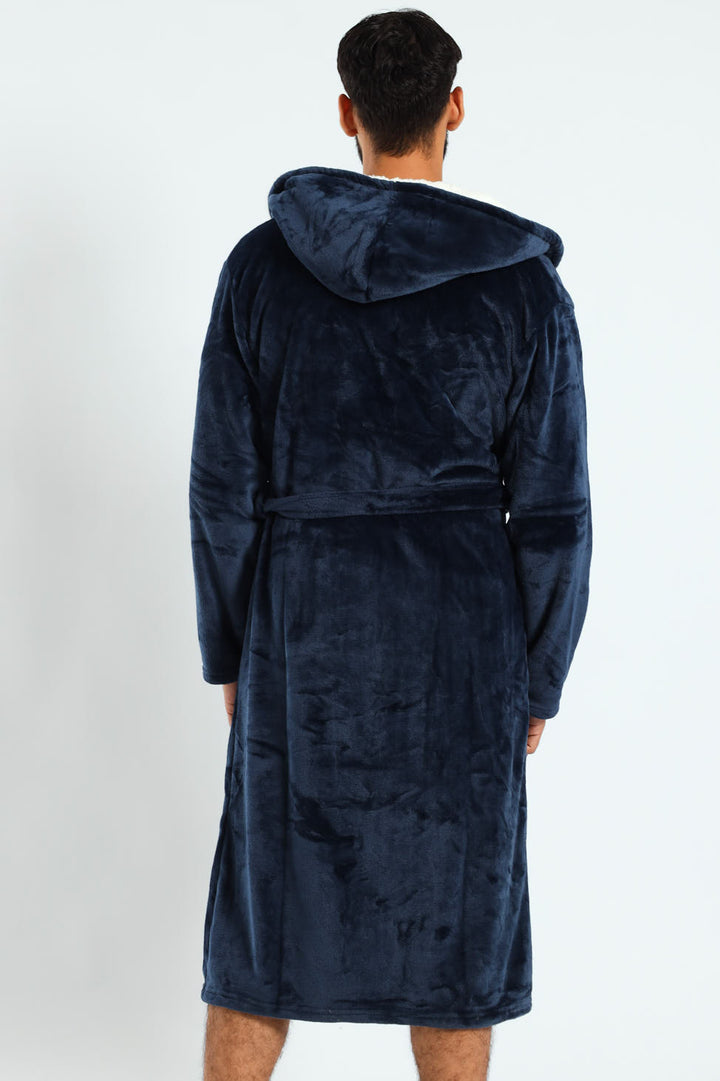 Coral Fleece & Sherpa Hooded Gown - Navy