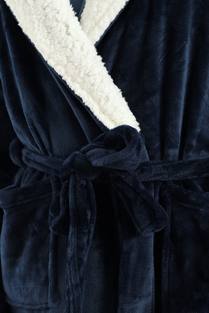 Coral Fleece & Sherpa Hooded Gown - Navy