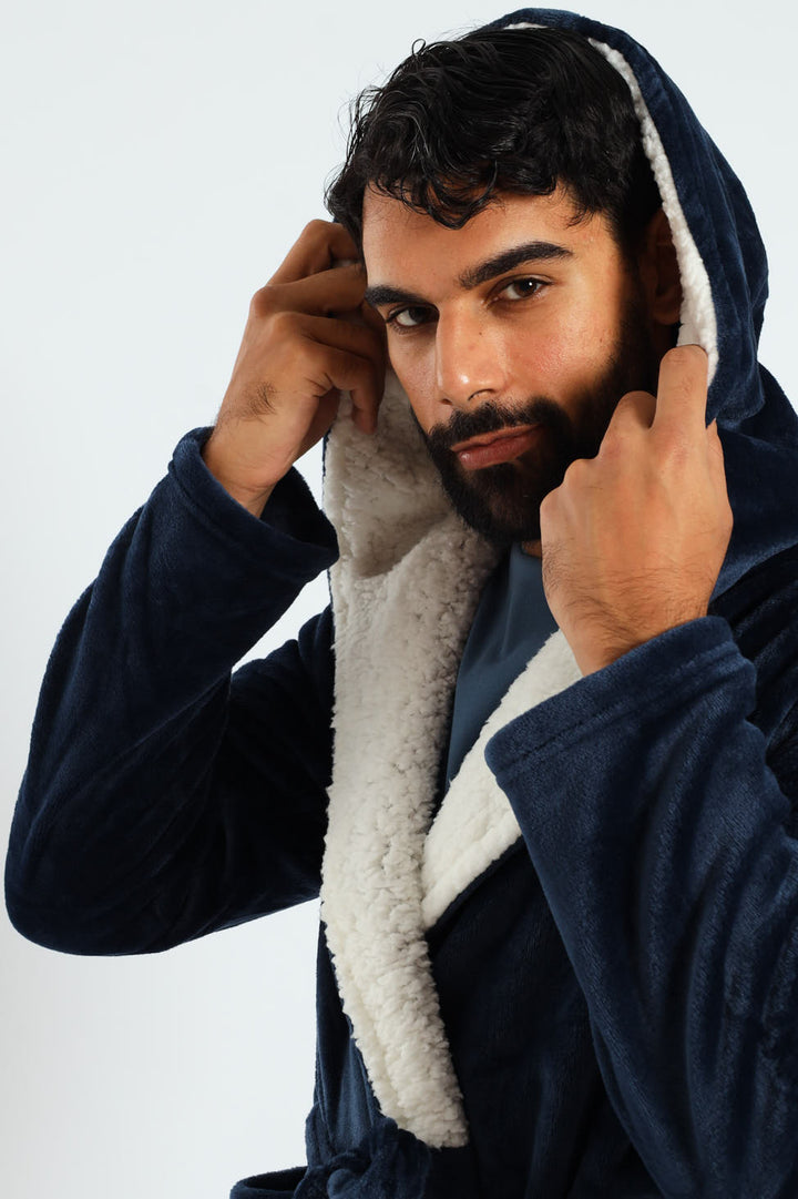 Coral Fleece & Sherpa Hooded Gown - Navy
