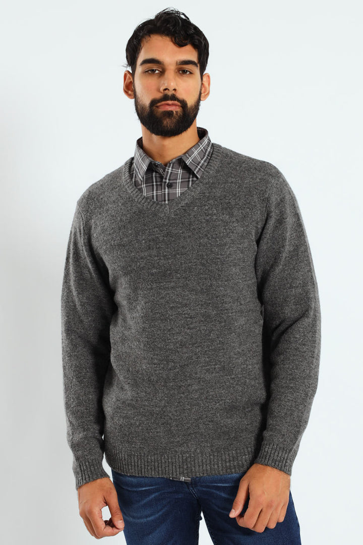 Plain V-Neck Knitwear - Charcoal Melange