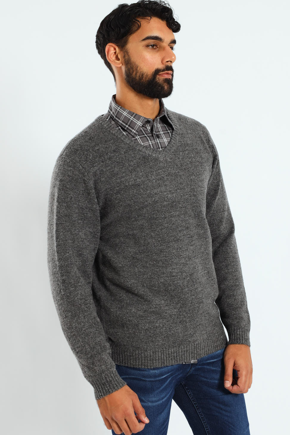 Plain V-Neck Knitwear - Charcoal Melange