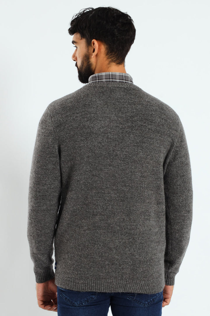 Plain V-Neck Knitwear - Charcoal Melange