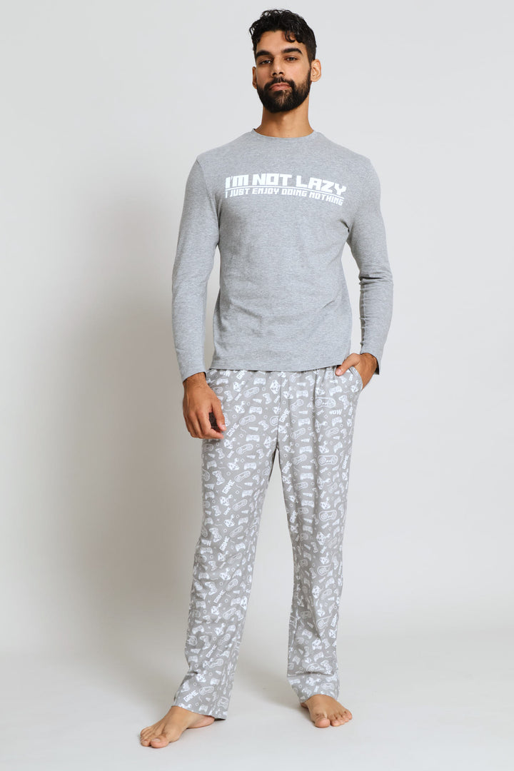 Not Lazy Print Long Sleeve Tee - Grey Melange
