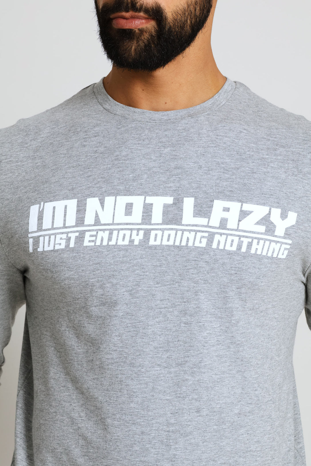 Not Lazy Print Long Sleeve Tee - Grey Melange