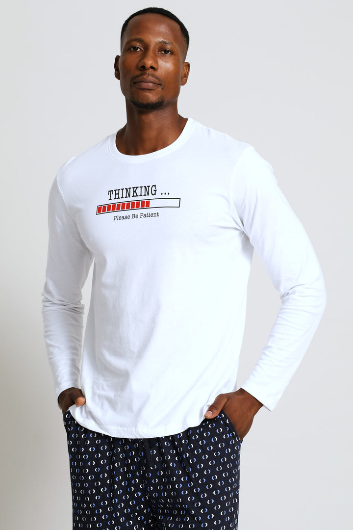 Long Sleeve Thinking Slogan Tee - White