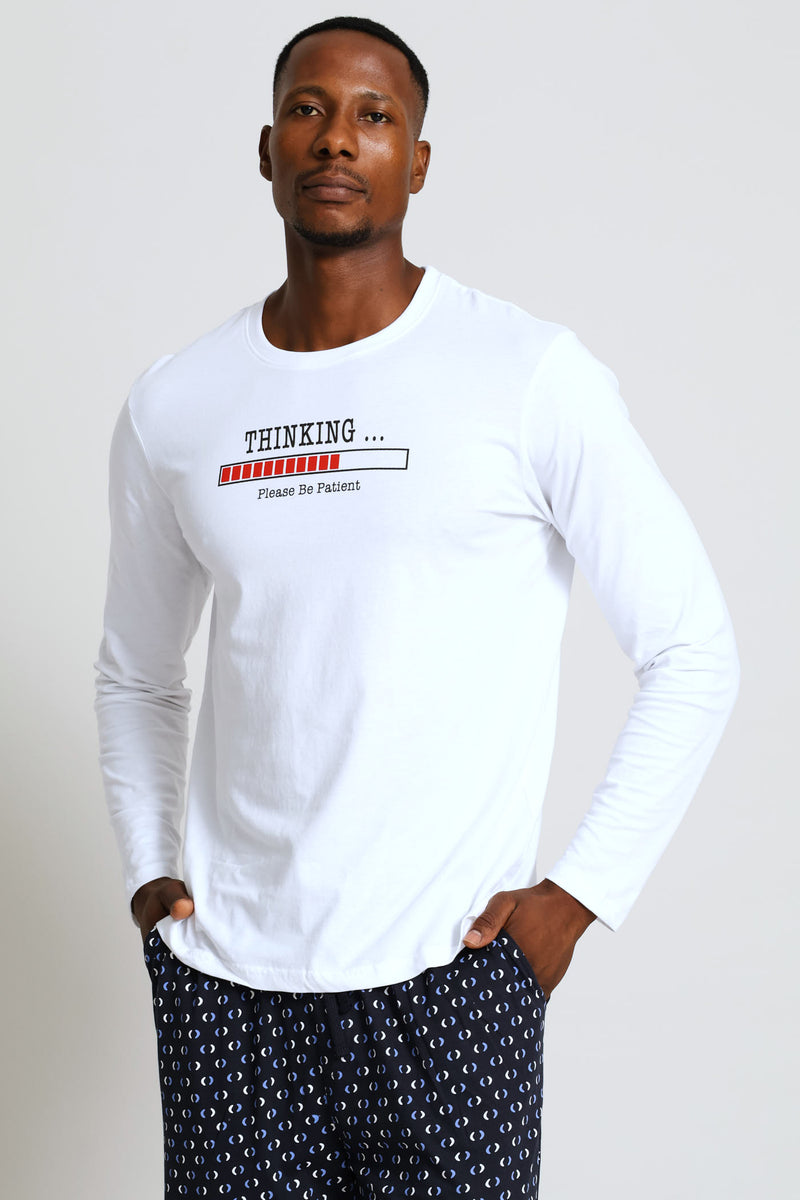 Long Sleeve Thinking Slogan Tee - White