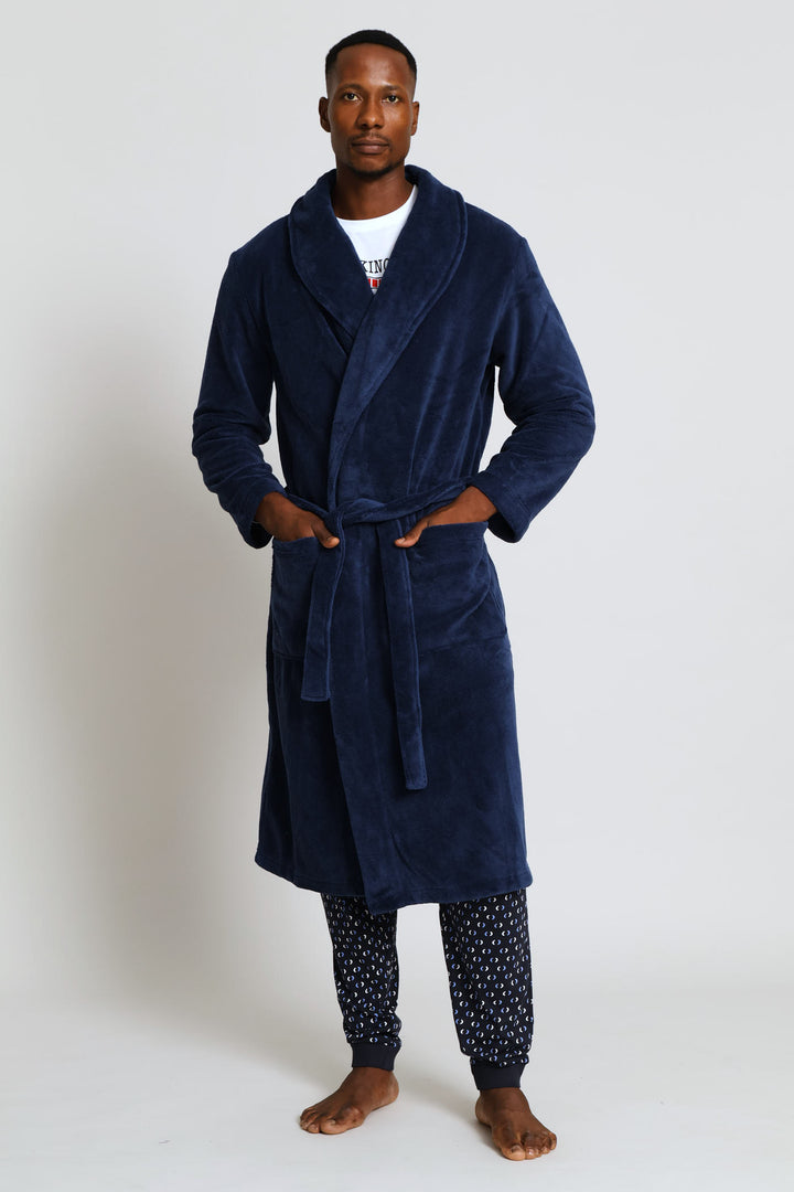 Flannel Fleece Shawl Collar Gown - Navy