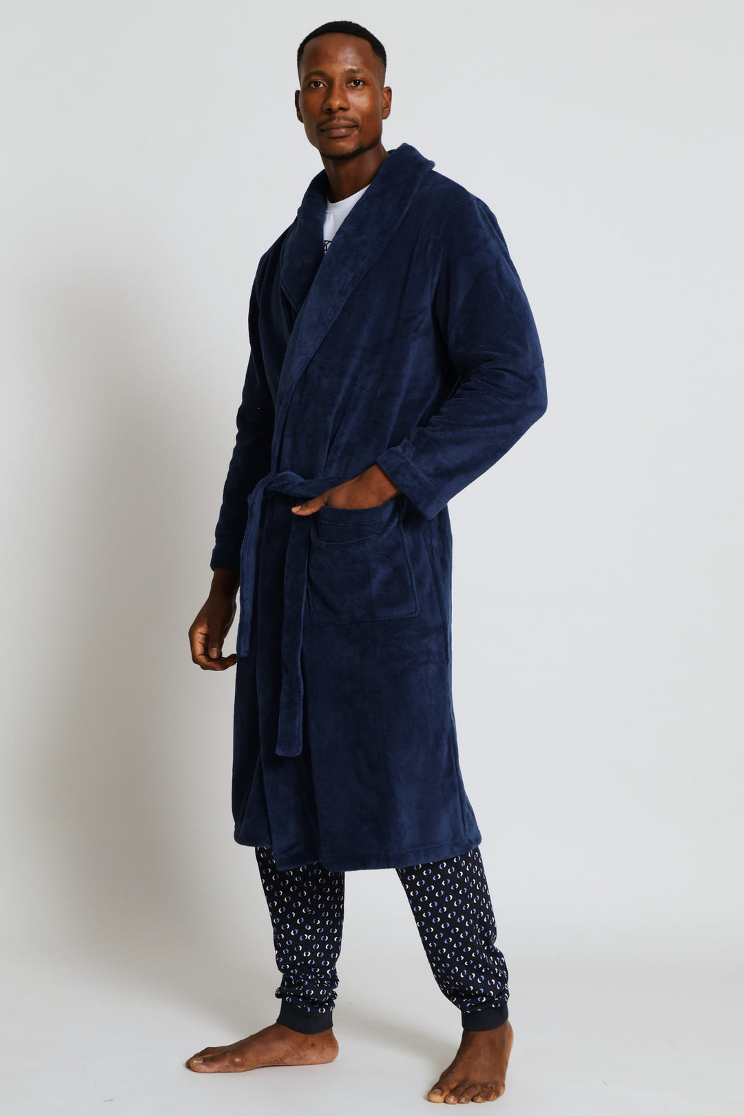 Flannel Fleece Shawl Collar Gown - Navy
