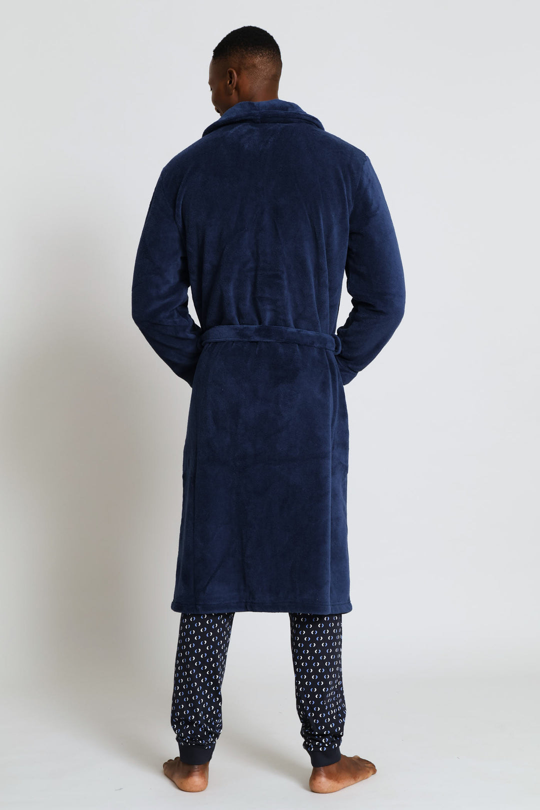 Flannel Fleece Shawl Collar Gown - Navy