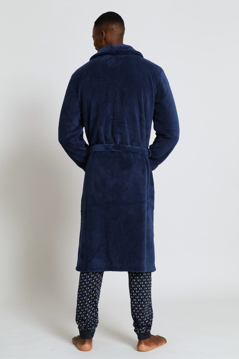 Flannel Fleece Shawl Collar Gown - Navy