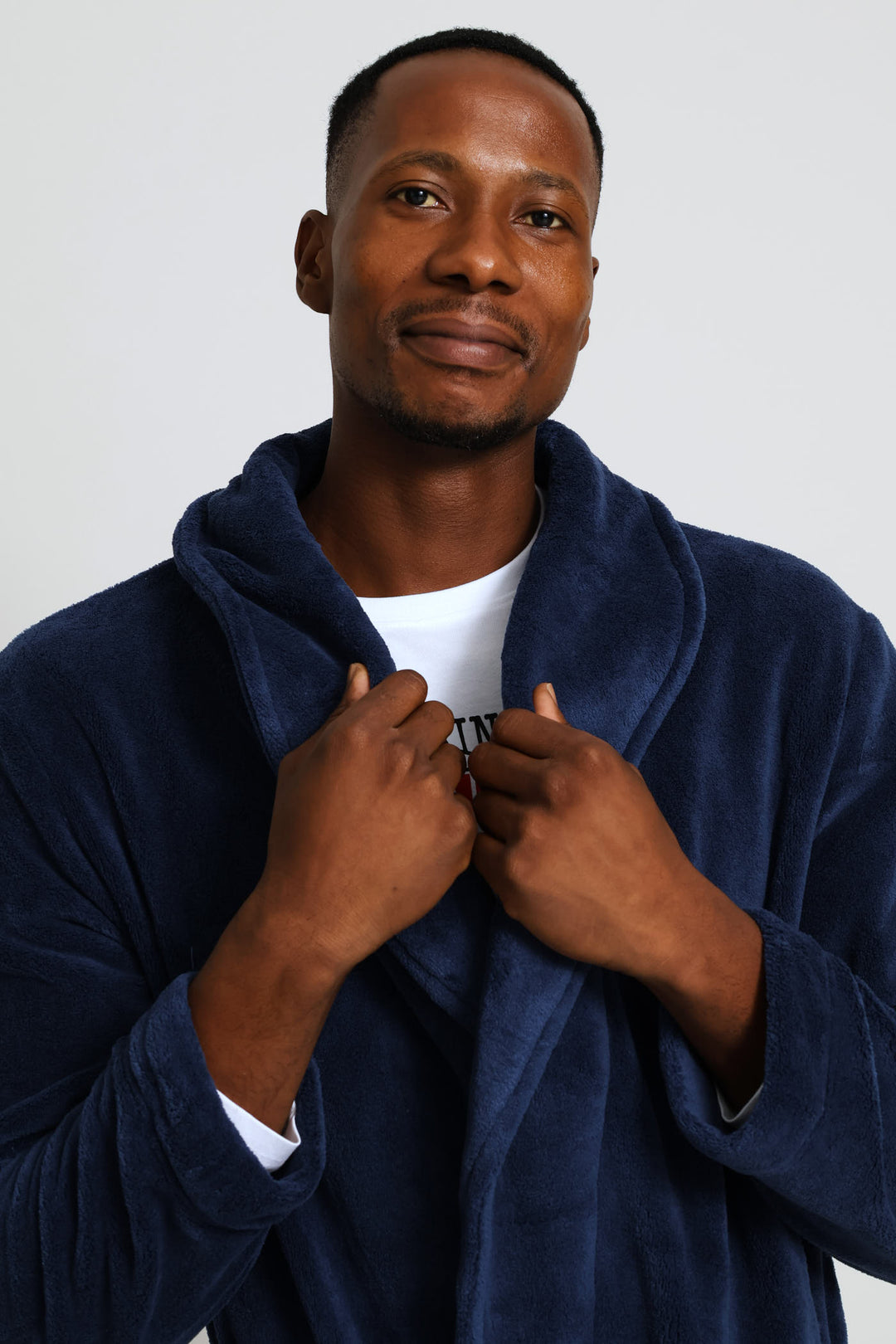 Flannel Fleece Shawl Collar Gown - Navy