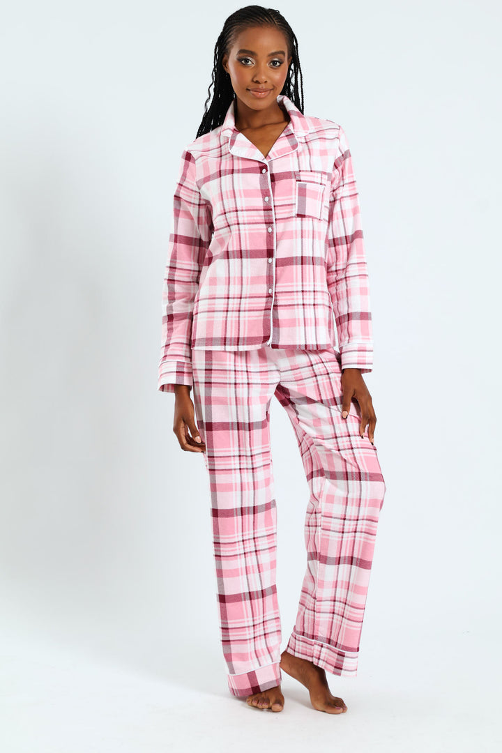 Long Sleeve Flannel Check Button Through & Pants Set - White/Pink