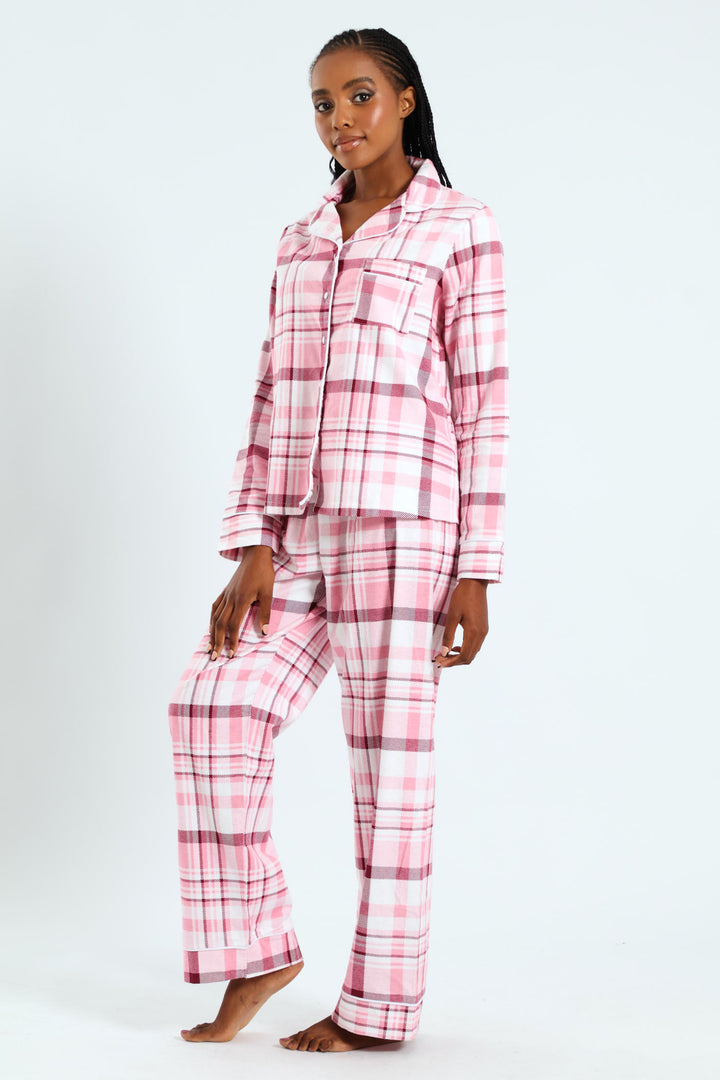 Long Sleeve Flannel Check Button Through & Pants Set - White/Pink