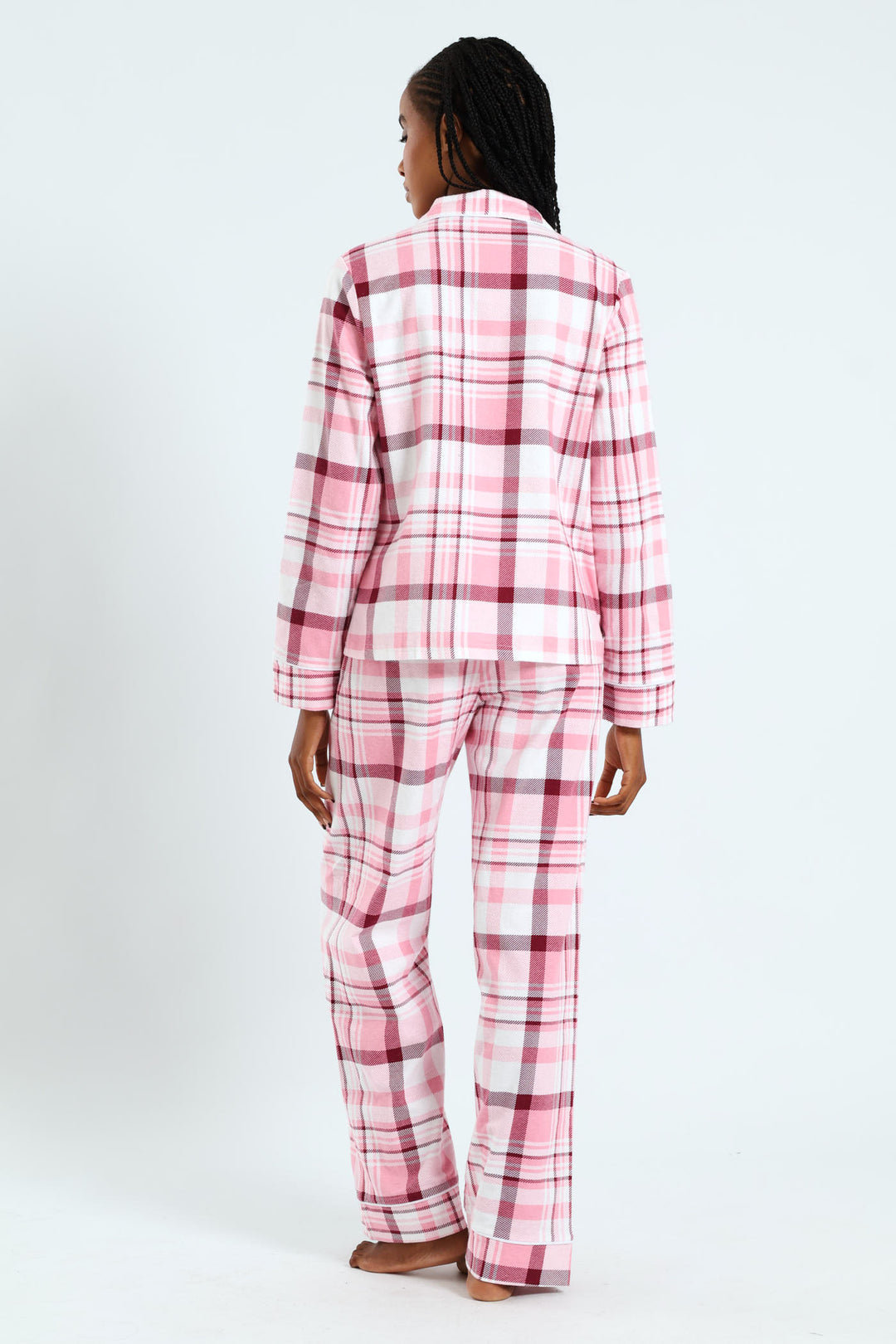 Long Sleeve Flannel Check Button Through & Pants Set - White/Pink