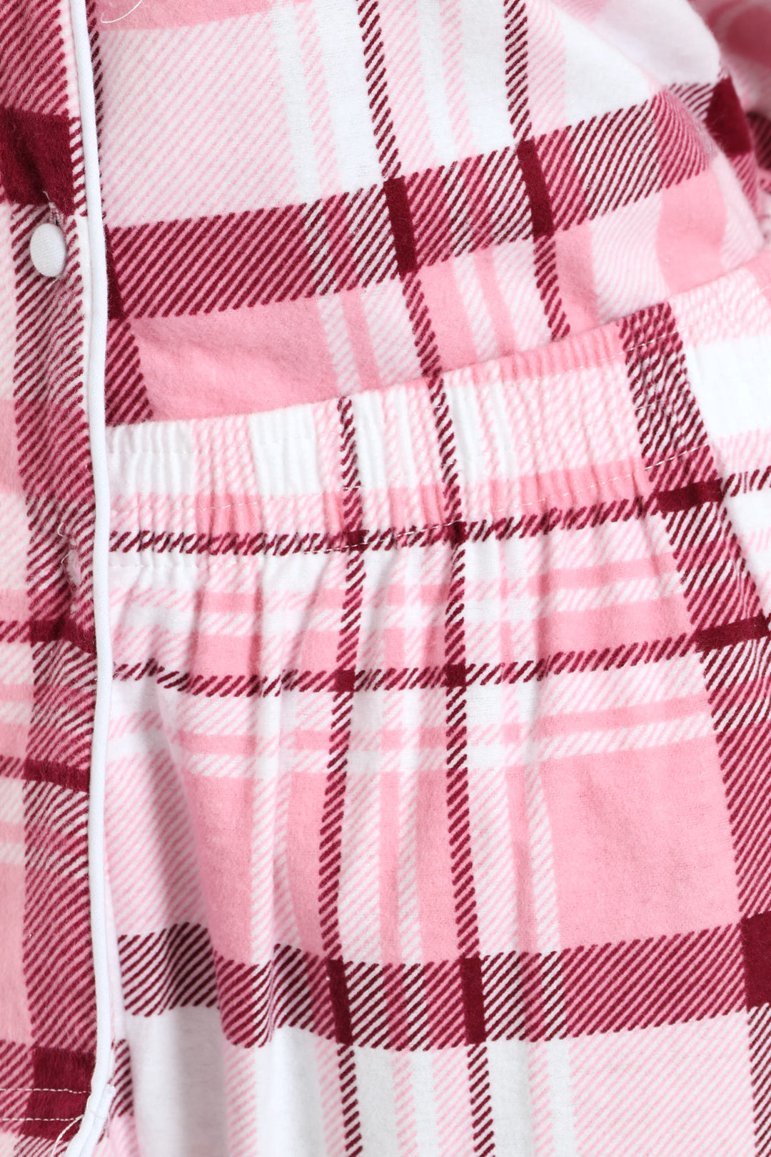 Long Sleeve Flannel Check Button Through & Pants Set - White/Pink