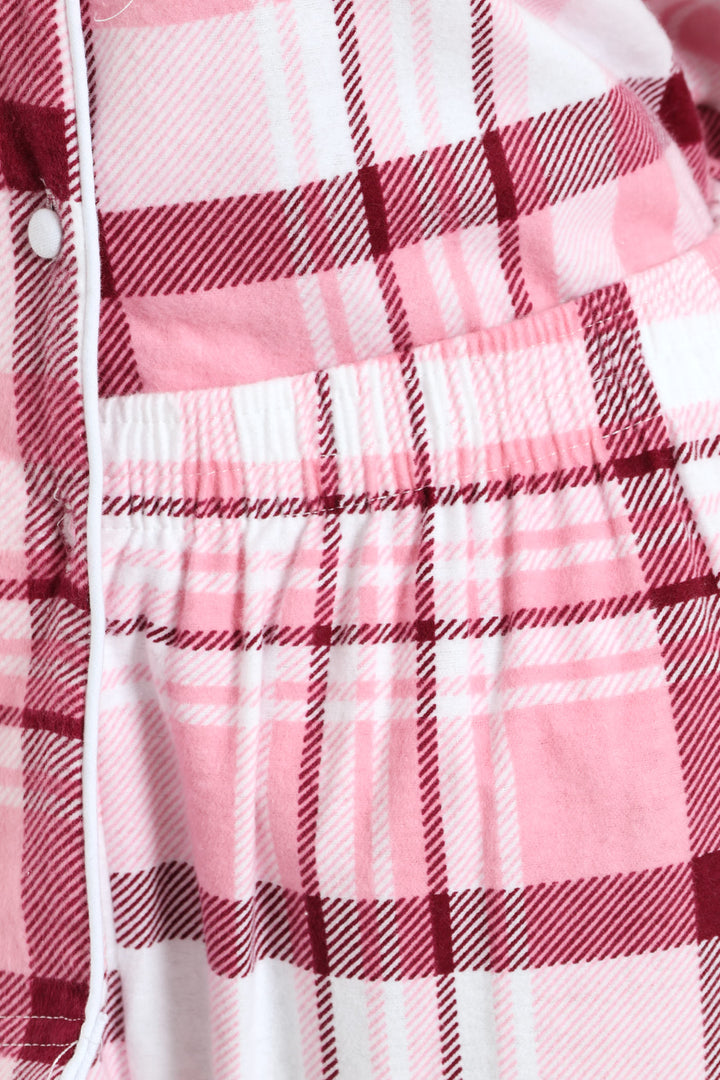 Long Sleeve Flannel Check Button Through & Pants Set - White/Pink