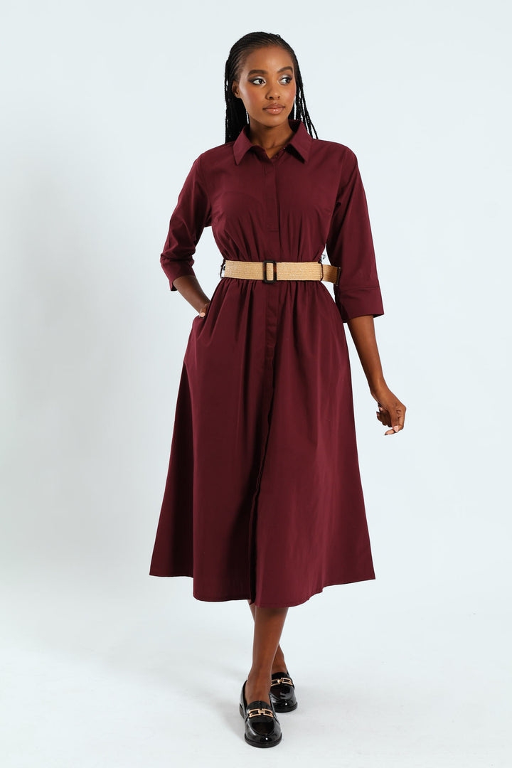 3/4 Sleeve Belted Midi Shirt Dress - Burgundy
