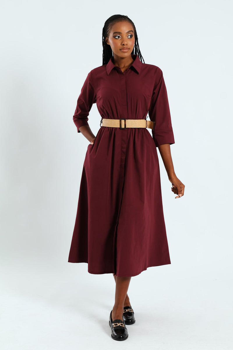 Ladies 3/4 Sleeve Belted Midi Shirt Dress - Burgundy Edgars Ladies 3/4 Sleeve Belted Midi Shirt Dress - Burgundy Edgars