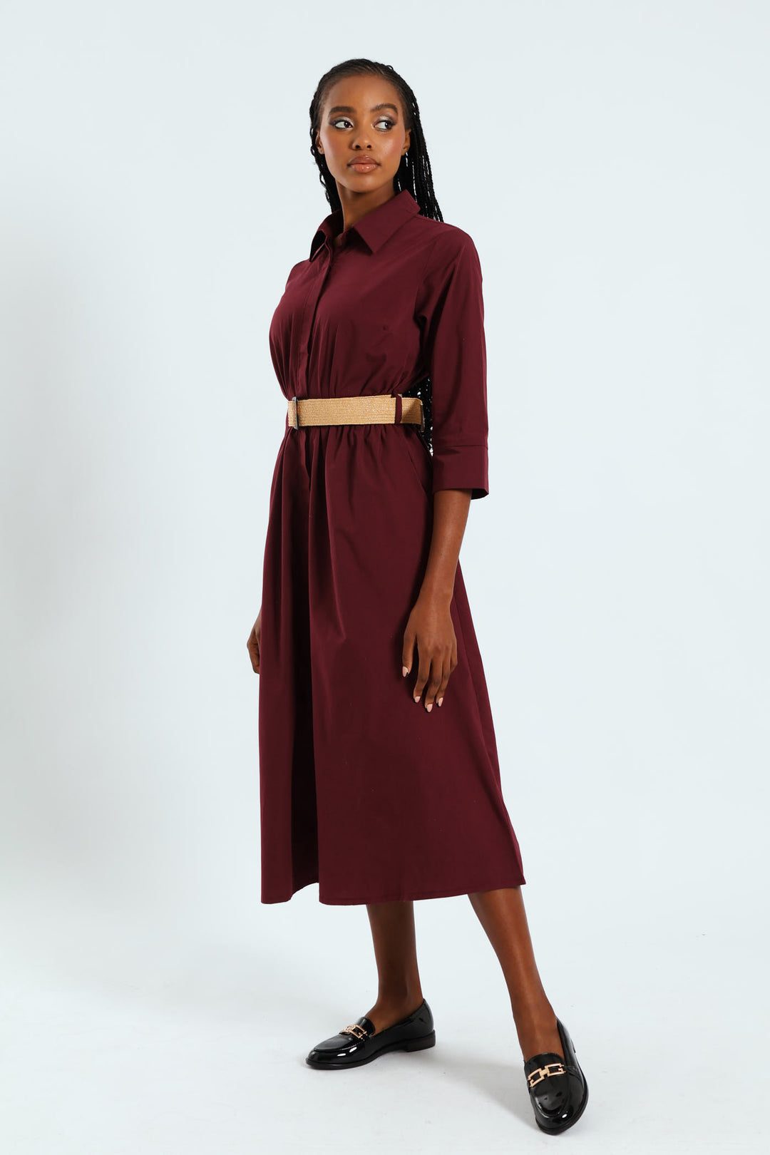 3/4 Sleeve Belted Midi Shirt Dress - Burgundy
