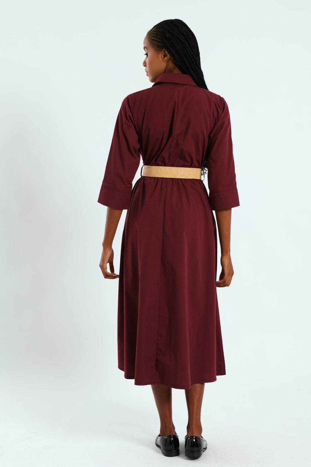 3/4 Sleeve Belted Midi Shirt Dress - Burgundy