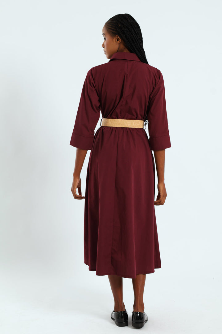 3/4 Sleeve Belted Midi Shirt Dress - Burgundy
