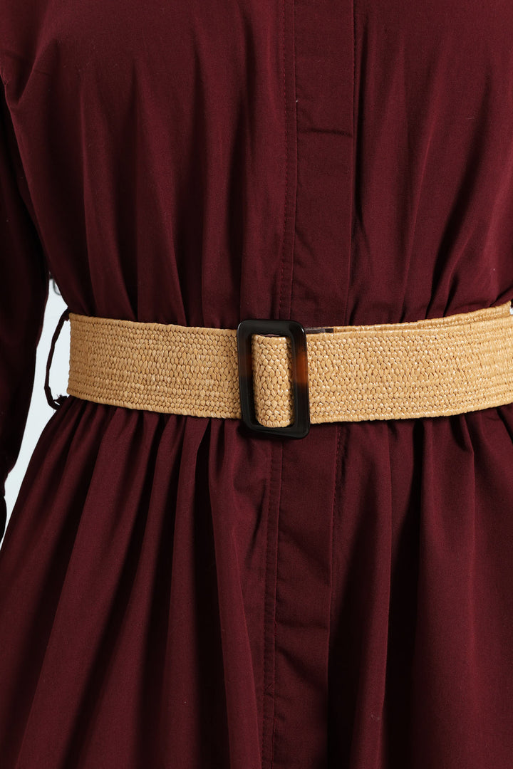 3/4 Sleeve Belted Midi Shirt Dress - Burgundy