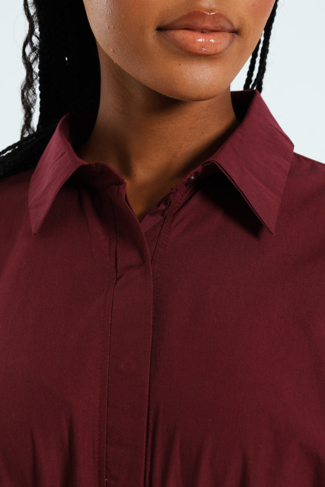 3/4 Sleeve Belted Midi Shirt Dress - Burgundy