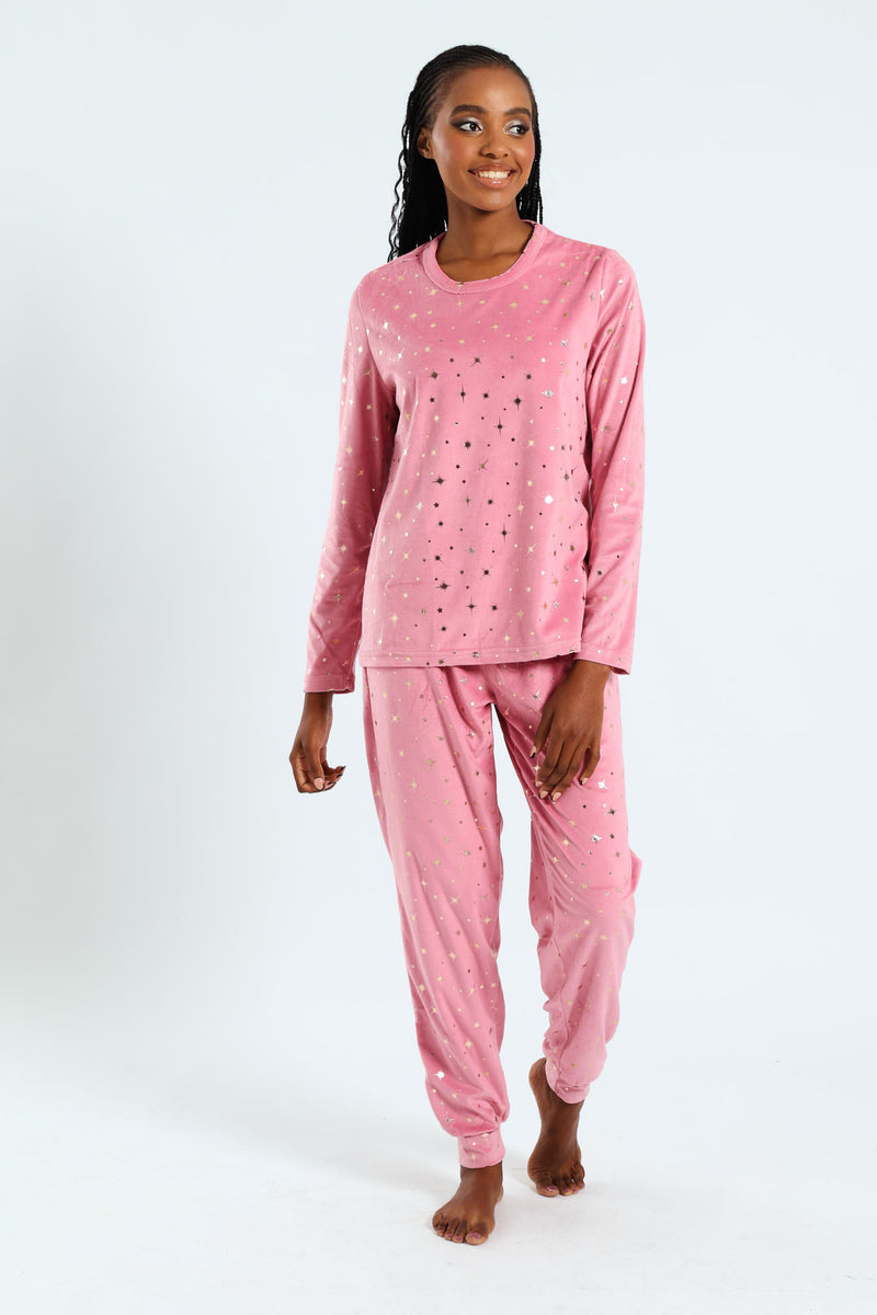 Foil Stars Velour Top & Pant Set - Pink