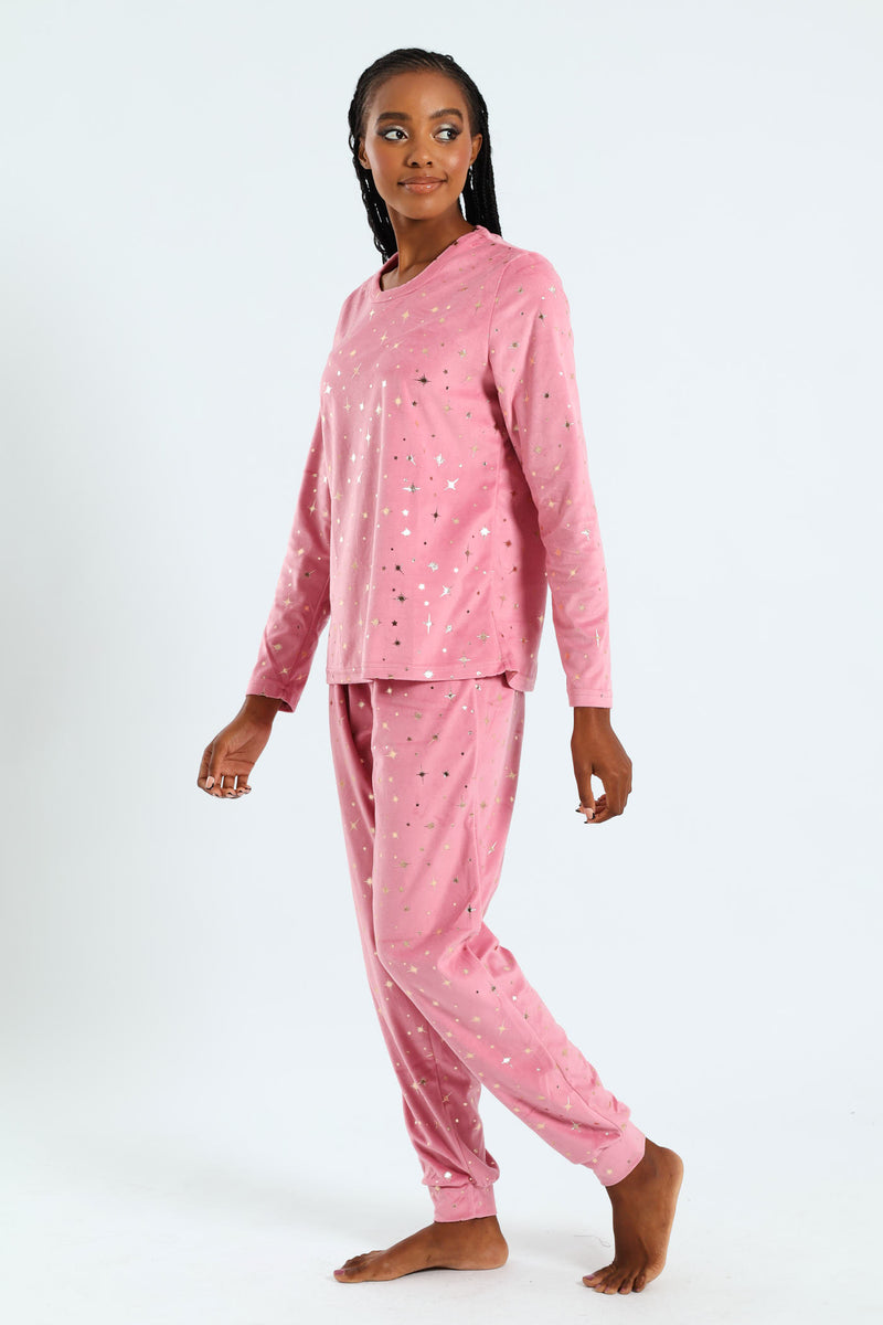 Foil Stars Velour Top & Pant Set - Pink