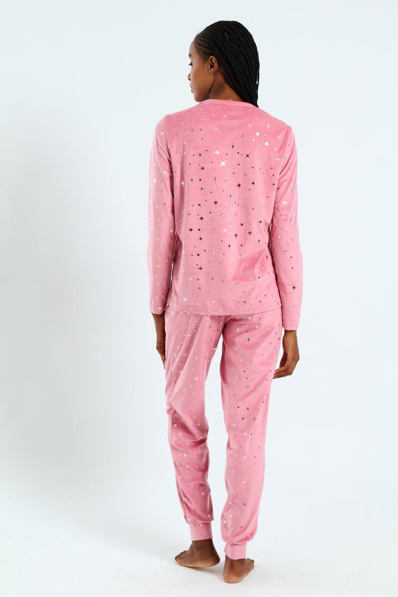 Foil Stars Velour Top & Pant Set - Pink