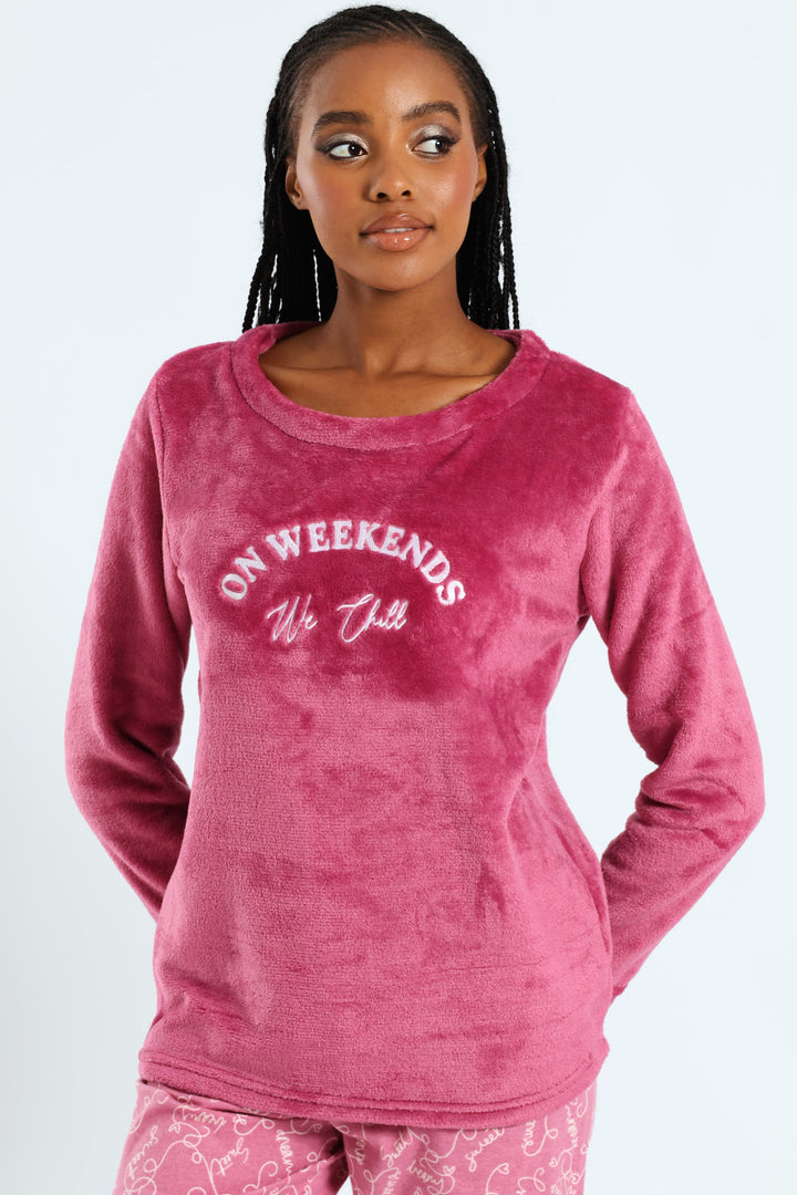 Long Sleeve Fluffy Embroidered Chilled Weekend Pull Over - Dusty Pink
