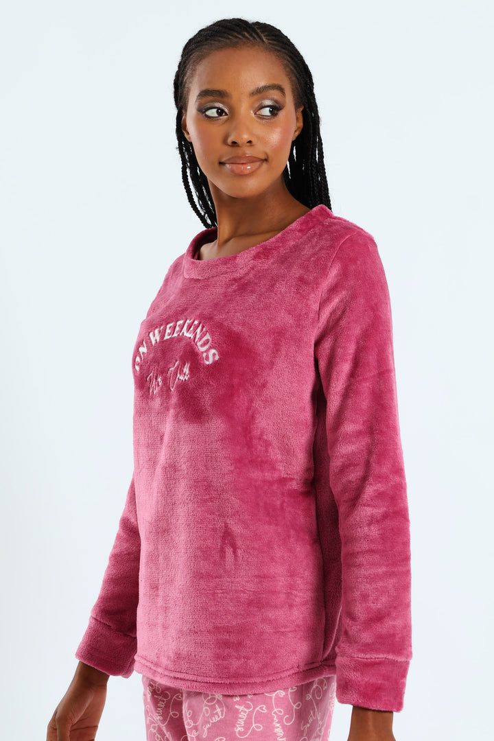 Long Sleeve Fluffy Embroidered Chilled Weekend Pull Over - Dusty Pink