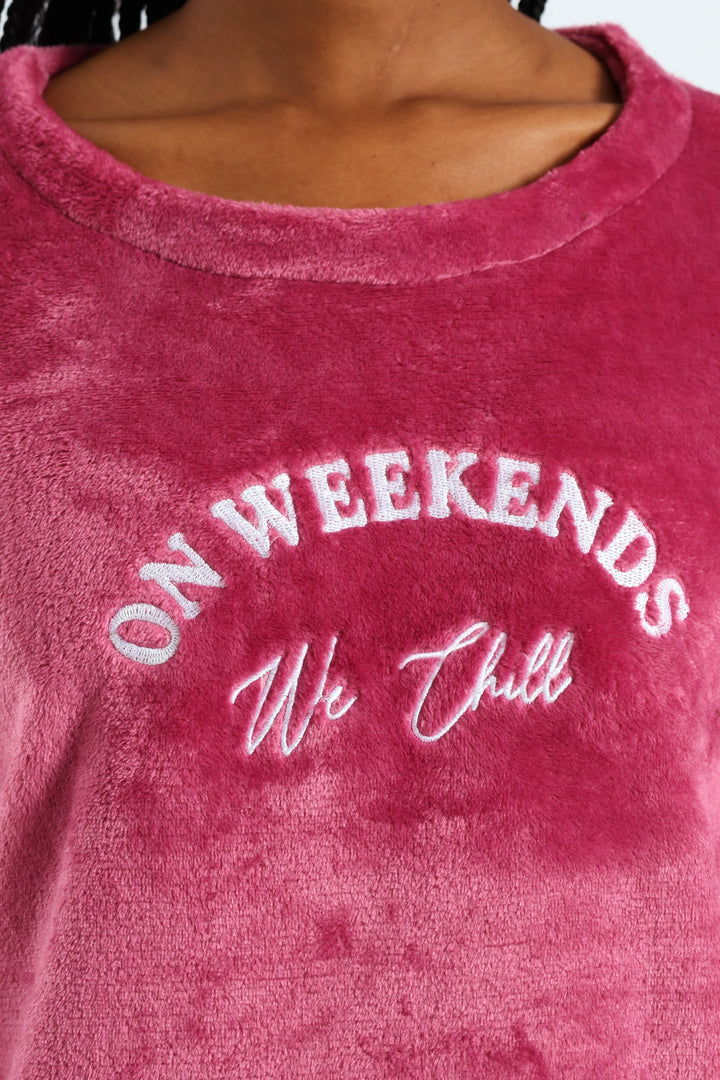 Long Sleeve Fluffy Embroidered Chilled Weekend Pull Over - Dusty Pink